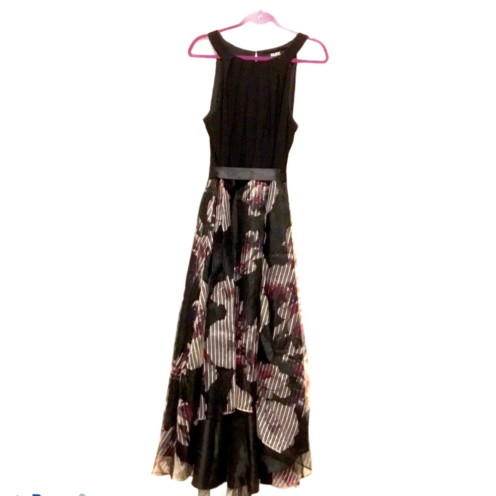 SLNY Black Maxi High-Low Dress with Floral Print